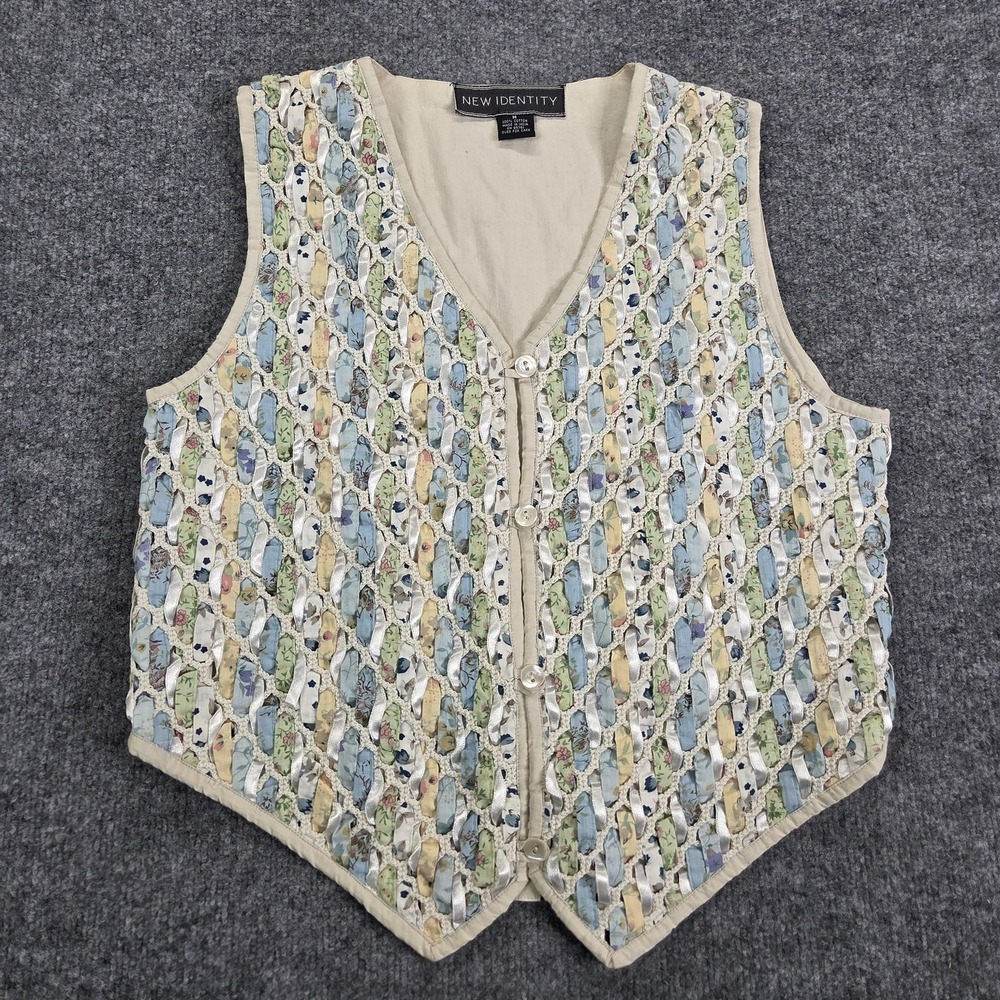 Vintage 90s Vest Womens Medium Cottagecore Floral Crochet Quilted Boho Cotton